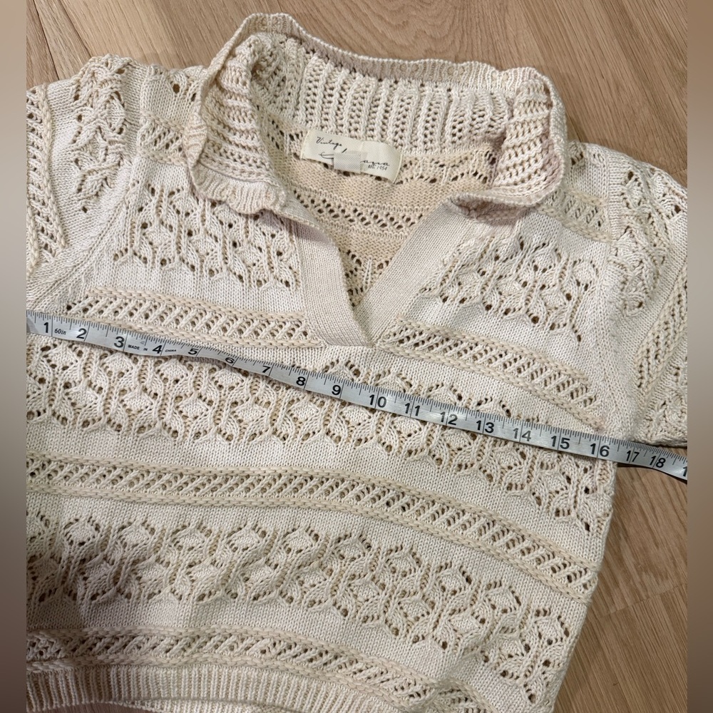 Saks Crochet Pointelle Knit Short Sleeve Sweater Crop Top Polo Shirt Cream White - Picture 6 of 6